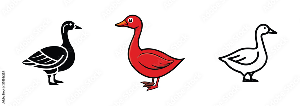 Obraz premium Goose Illustrations Black, Red, White, Farm Animal Designs