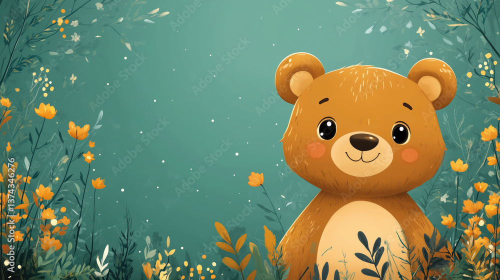 Cheerful bear character surrounded by vibrant flowers