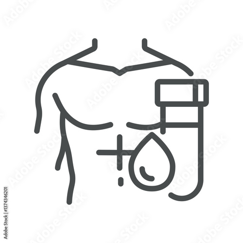 Men’s Health Panel Blood Test Icon. Line Vector of Male Torso and Test Tube, Symbolizing Testosterone, Hormones, Wellness, and Preventive Diagnostic Screening.