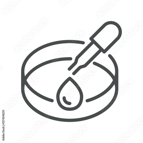 Petri Dish and Dropper Icon. Minimal Outline Illustration of a Droplet in a Petri Dish, Representing Microbiological Culture, Laboratory Analysis, and Scientific Research in Medical Testing.
