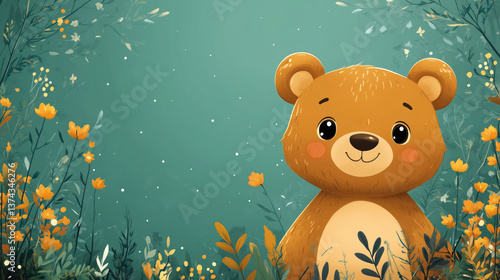 Obraz na płótnie Cheerful bear character surrounded by vibrant flowers w salonie