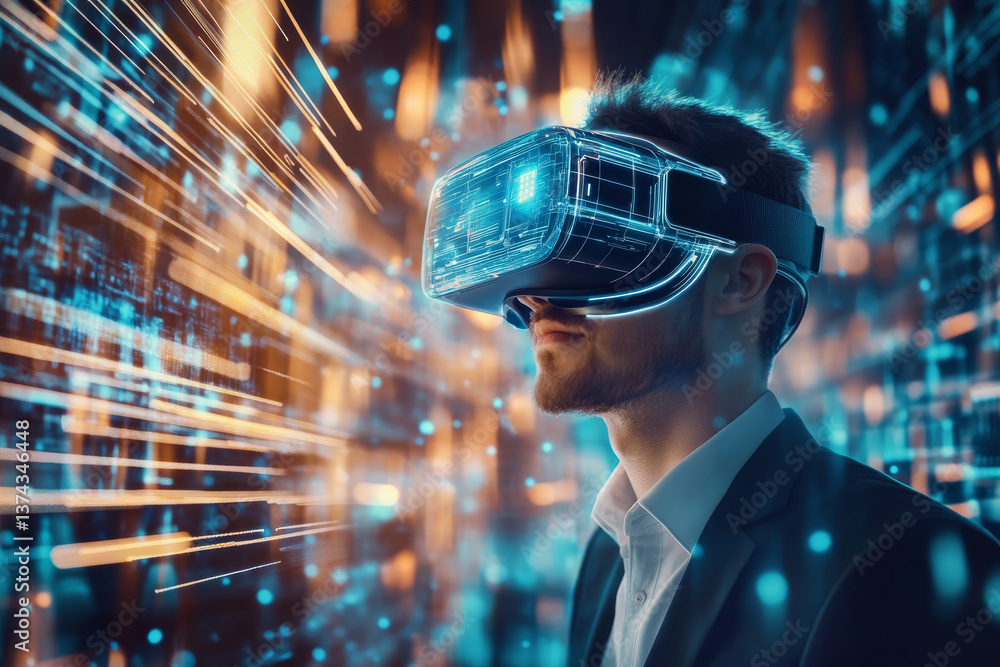 young businessman wearing futuristic virtual reality headset experiences immersive digital environment filled with vibrant data streams and glowing lights. scene conveys sense of innovation young businessman wearing futuristic virtual reality headset experiences immersive digital environment filled with vibrant data streams and glowing lights. scene conveys sense of innovation