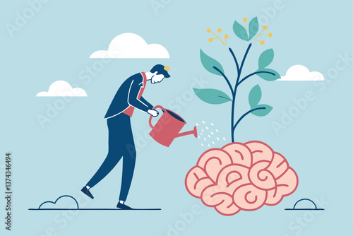 Growth mindset positive attitude to learn new thing, improvement to success, brain motivation or challenge to achieve goal, learning concept, businessman watering growth seedling on his brain.