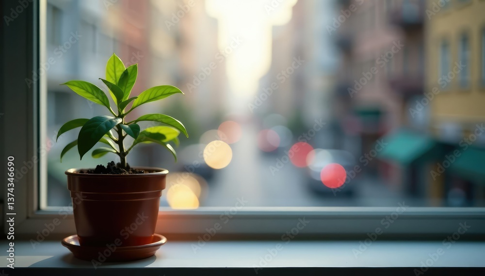 Fototapeta premium Single plant in pot on windowsill, blurred city background , greenery, nature, pattern