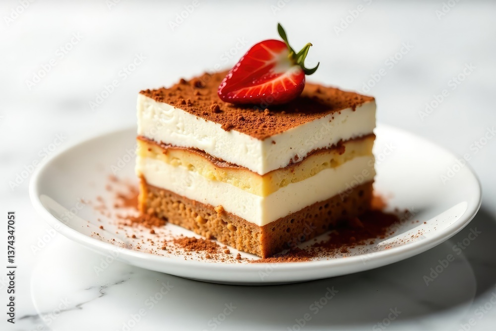 Elegant tiramisu portion, dusted with cocoa, on white , high-resolution, food, creamy Elegant tiramisu portion, dusted with cocoa, on white , high-resolution, food, creamy