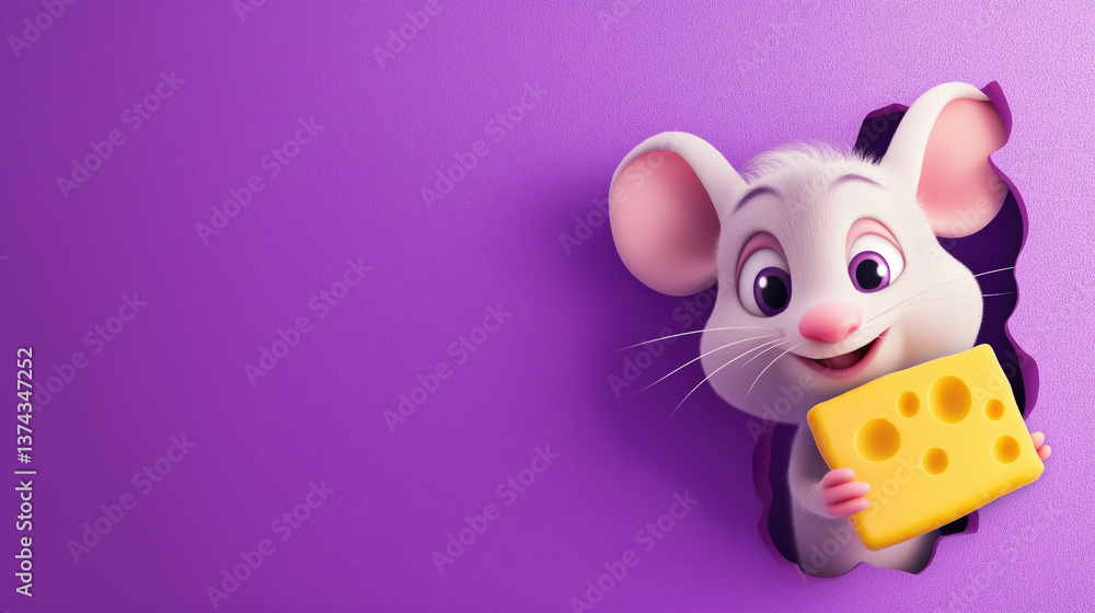 Cute cartoon mouse peeking from purple wall while holding cheese block