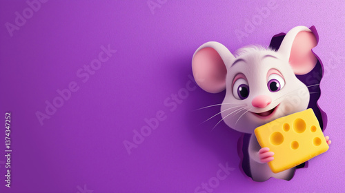 Obraz na płótnie Cute cartoon mouse peeking from purple wall while holding cheese block w salonie