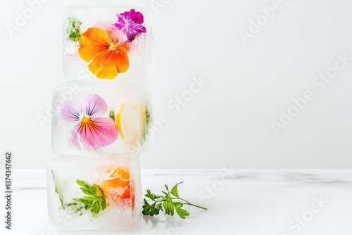 Colorful ice cubes with edible flowers and herbs