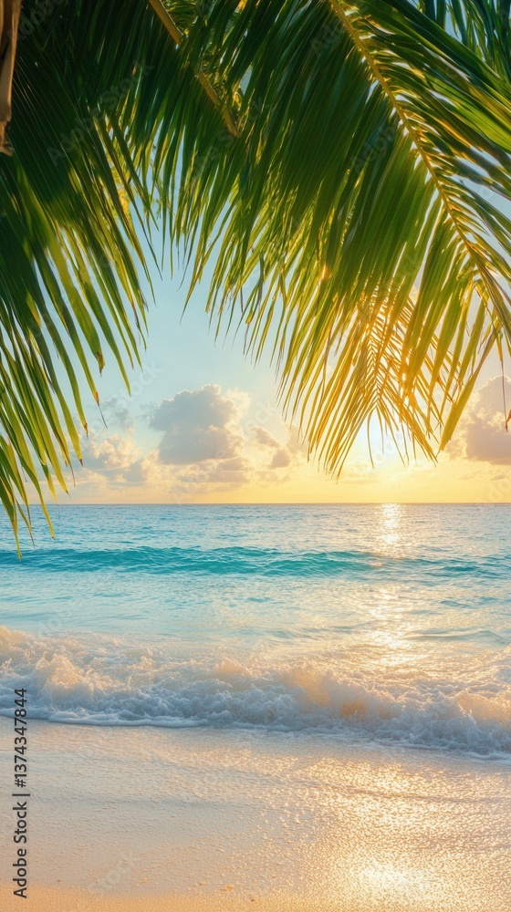 Fototapeta premium Serene tropical beach vista with palm fronds framing the ocean horizon at sunrise casting golden light on the tranquil sea