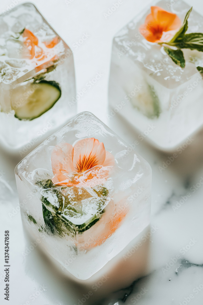 Refreshing floral ice cubes with cucumber and flowers for summer drinks