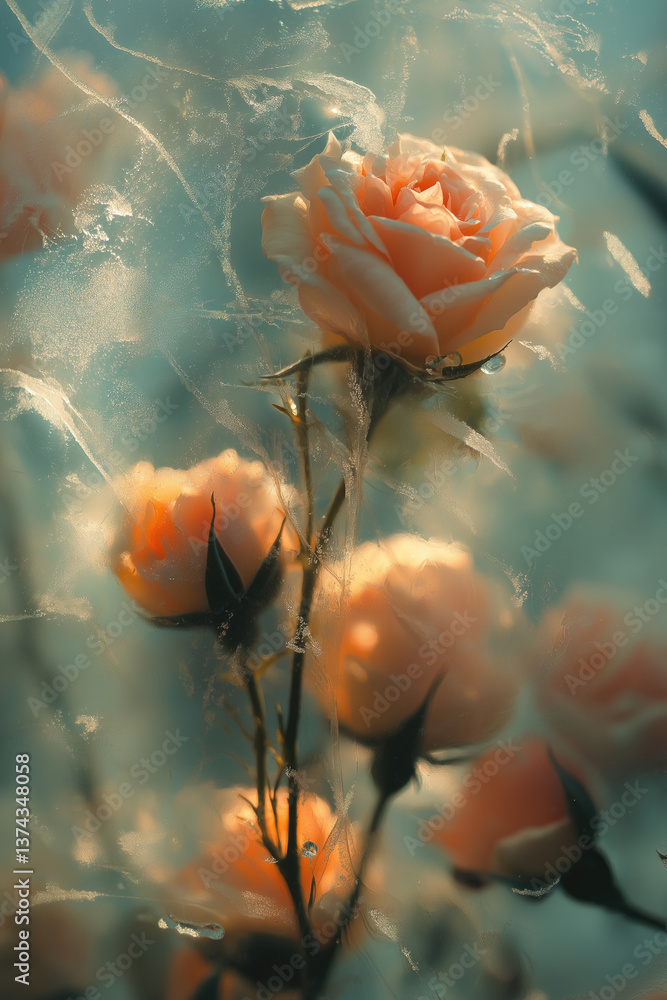 Delicate pink roses surrounded by soft, ethereal lighting in a tranquil setting