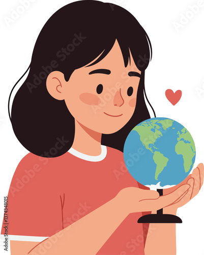 Young girl holding a globe with affection in a flat style vector illustration