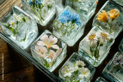 Obraz na płótnie Elegant flower ice cubes arranged on a glass tray w salonie