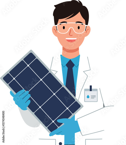 Scientist holding a solar panel in a lab, minimal design vector illustration