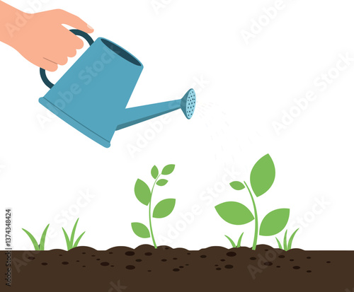 Hand holding a blue watering can over young green plants in a garden, flat vector illustration