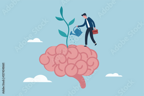 Growth mindset positive attitude to learn new thing, improvement to success, brain motivation or challenge to achieve goal, learning concept, businessman watering growth seedling on his brain.