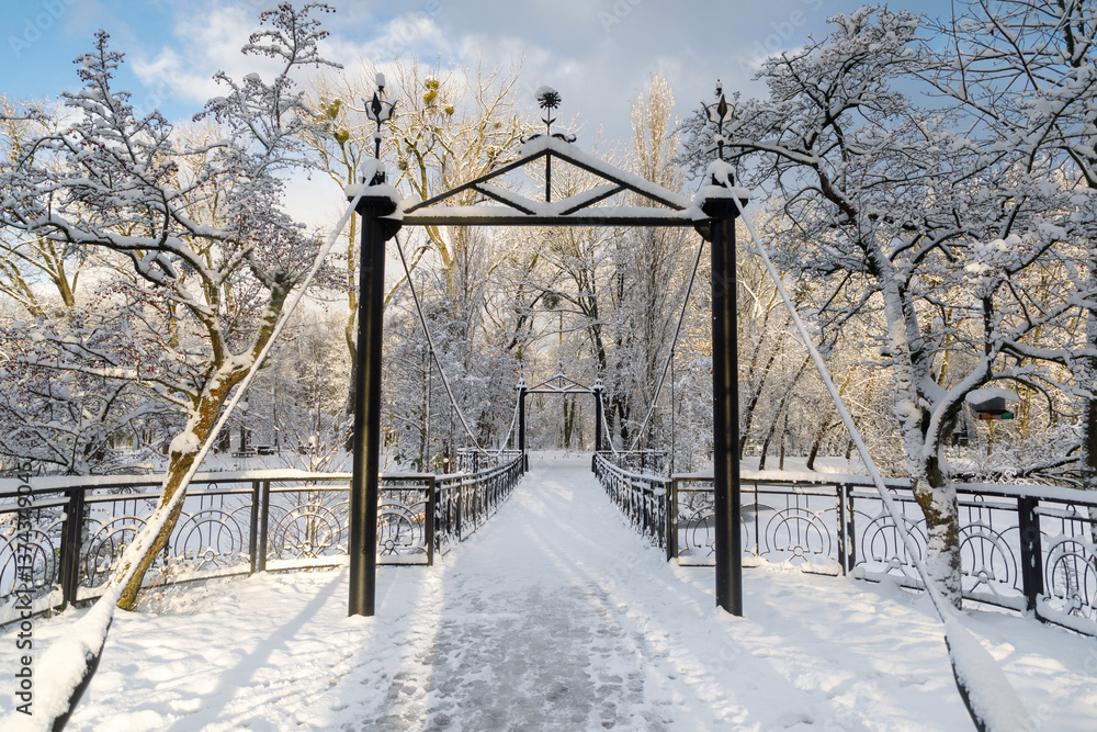 Suspension pedestrian bridge on the lake in South park, Kaliningrad