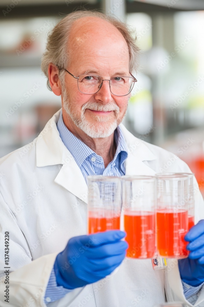 Senior male scientist wearing lab coat and blue gloves holding red beaker in lab with neutral expression under bright lighting in scientific environment stock image Senior male scientist wearing lab coat and blue gloves holding red beaker in lab with neutral expression under bright lighting in scientific environment stock image