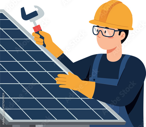 Skilled worker installing solar panels with a wrench in flat vector art