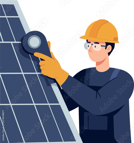Technician adjusting solar panel with tools in flat vector art style depicting renewable energy work