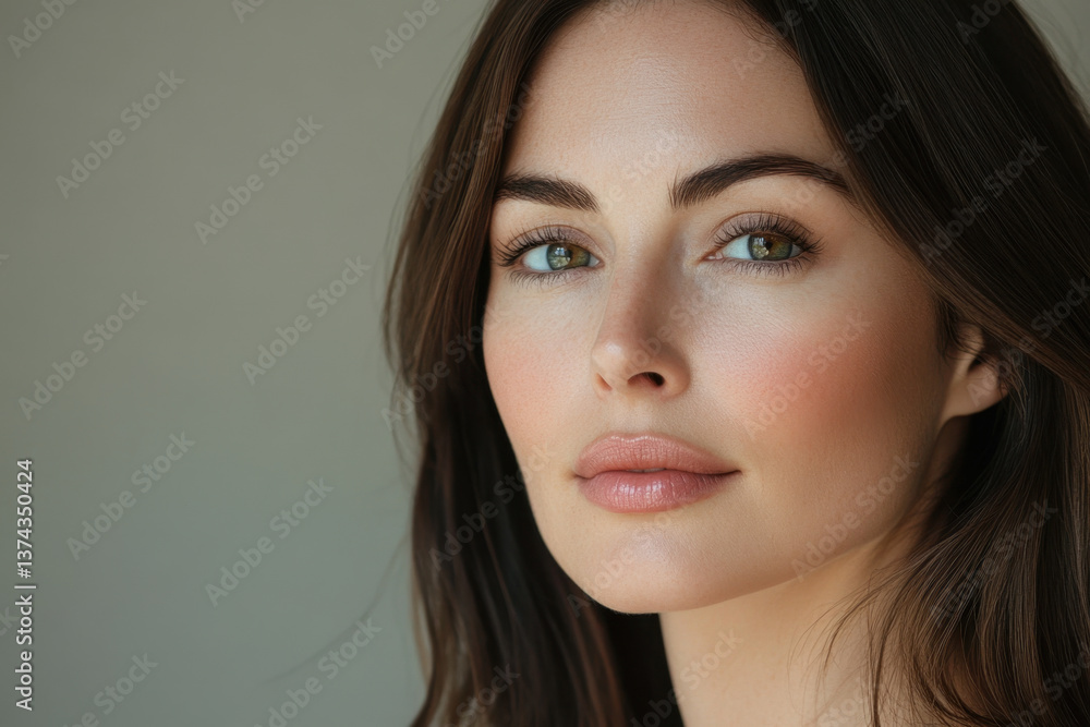 Fototapeta premium Woman with long brown hair and blue eyes, smiling warmly while sitting on a cozy window seat with a book in her hands, surrounded by fading sunlight.
