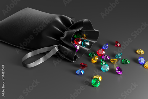 Velvet black bag with the scattering of colorful gems on the dark background. Exhibition of precious stones. Jewelry industry. 3d rendering.