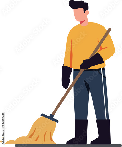 A man cleaning the floor with a broom in a bright yellow shirt, flat vector art