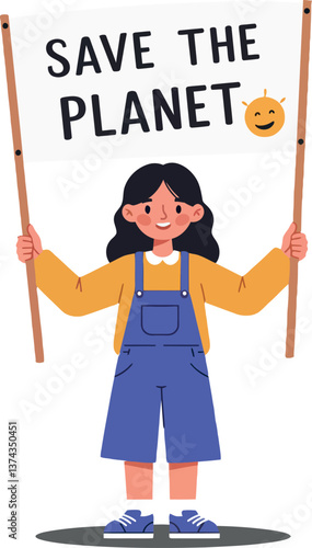 Young girl holding a protest sign with a positive message in minimal vector art