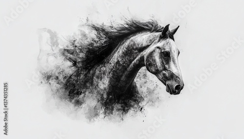 A majestic gray horse in motion, captured in a stunning monochrome image. Its mane and tail flow dynamically, creating an impression of raw power and untamed beauty.