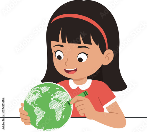 A girl coloring a globe with green markers in a flat design vector illustration
