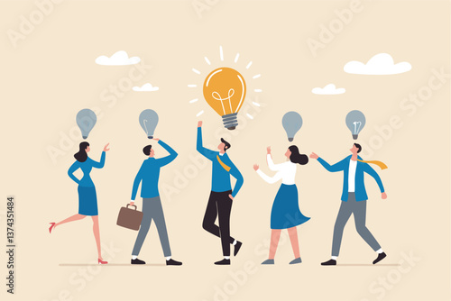 Solution expert solving problem or leader giving advise in meeting discussion, thinking for solution, creativity or professional to help, eureka moment concept, businessman with bright lightbulb.