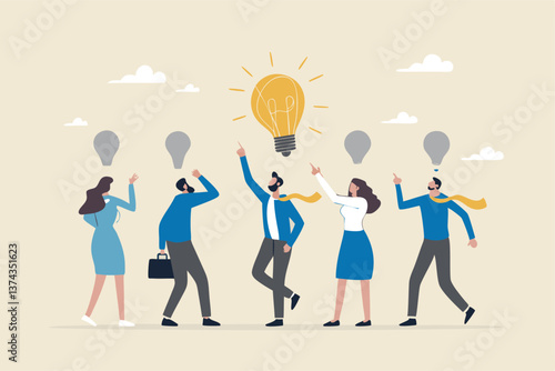 Solution expert solving problem or leader giving advise in meeting discussion, thinking for solution, creativity or professional to help, eureka moment concept, businessman with bright lightbulb.