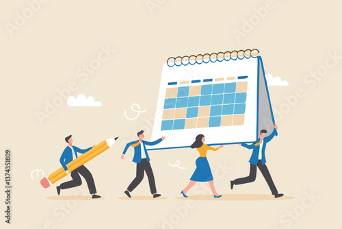 Project schedule, employee timetable, team meeting schedule or appointment, calendar date planning, agenda or project deadline concept, businessman and woman carry big calendar plan with pencil.