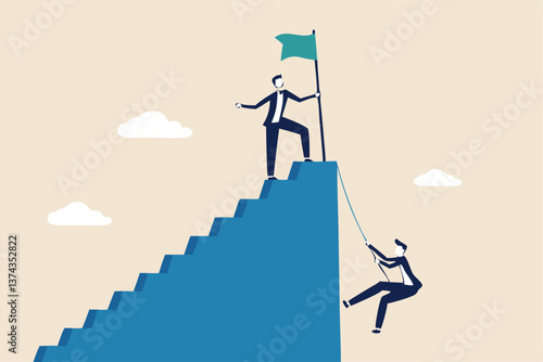 Efficient way to win business competition, productive or effectiveness work, smart easy way to reach goal, better clever solution concept, businessman winner walk up stair to win business competition.