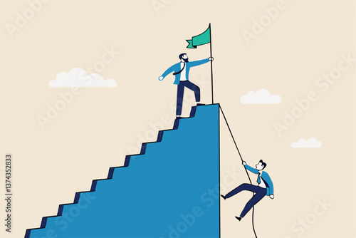 Efficient way to win business competition, productive or effectiveness work, smart easy way to reach goal, better clever solution concept, businessman winner walk up stair to win business competition.