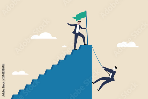 Efficient way to win business competition, productive or effectiveness work, smart easy way to reach goal, better clever solution concept, businessman winner walk up stair to win business competition.