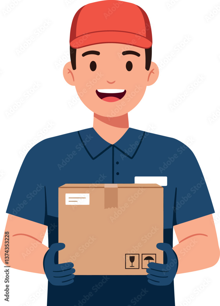 Delivery person smiling while holding a cardboard package in a flat vector illustration Delivery person smiling while holding a cardboard package in a flat vector illustration
