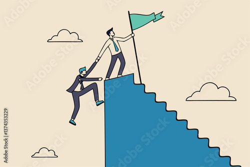 Efficient way to win business competition, productive or effectiveness work, smart easy way to reach goal, better clever solution concept, businessman winner walk up stair to win business competition.