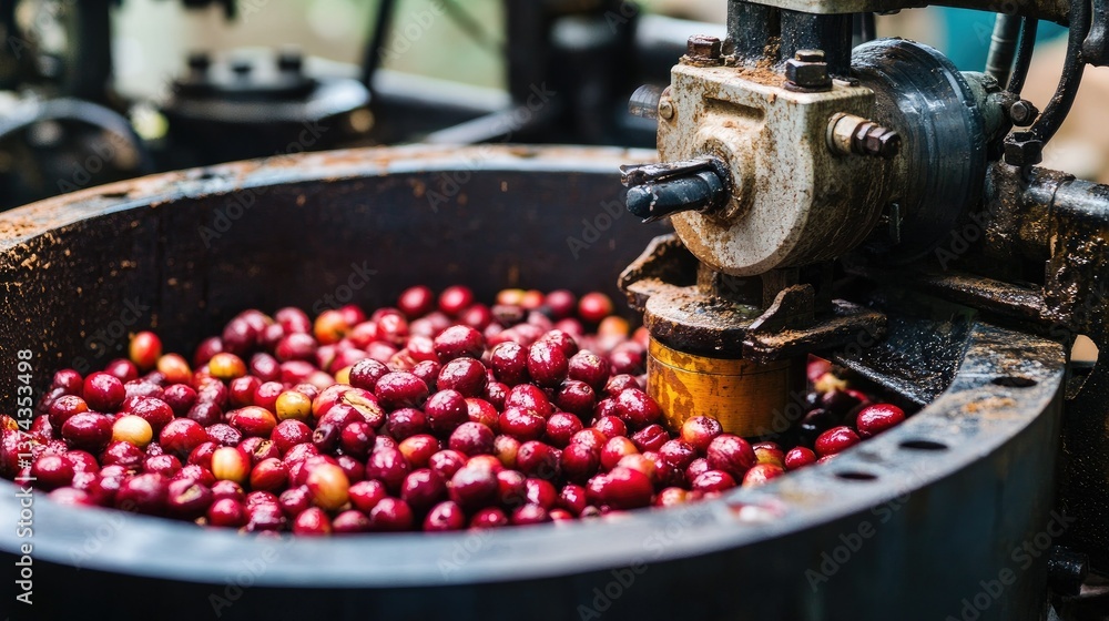 Traditional coffee pulping machine separating coffee beans from cherries, an essential step in the washed process Traditional coffee pulping machine separating coffee beans from cherries, an essential step in the washed process