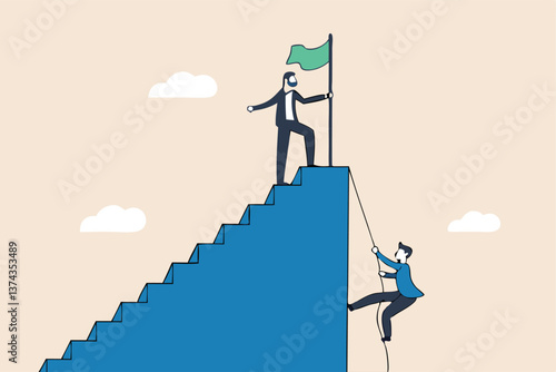 Efficient way to win business competition, productive or effectiveness work, smart easy way to reach goal, better clever solution concept, businessman winner walk up stair to win business competition.