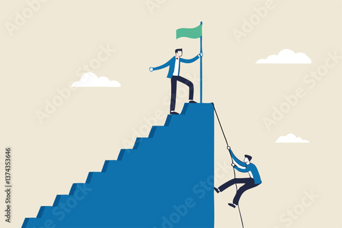 Efficient way to win business competition, productive or effectiveness work, smart easy way to reach goal, better clever solution concept, businessman winner walk up stair to win business competition.