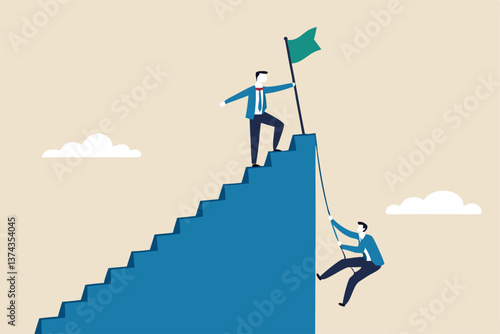 Efficient way to win business competition, productive or effectiveness work, smart easy way to reach goal, better clever solution concept, businessman winner walk up stair to win business competition.