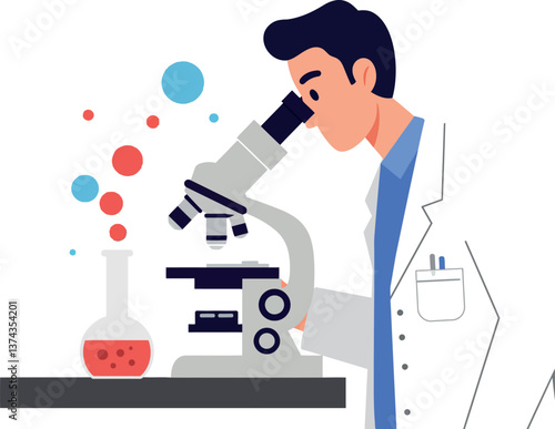 Scientist examining samples through microscope in flat vector art style with lab equipment and colorful elements