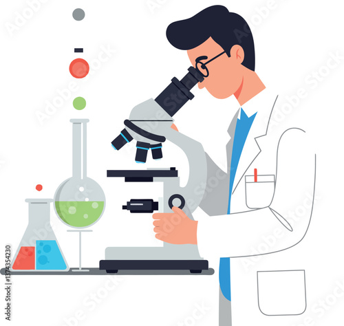 Scientist examining samples through a microscope in flat vector art style with colorful laboratory equipment