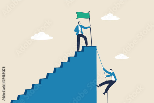 Efficient way to win business competition, productive or effectiveness work, smart easy way to reach goal, better clever solution concept, businessman winner walk up stair to win business competition.