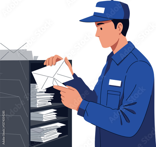 Postal worker in blue uniform sorting letters in a modern office, flat vector illustration