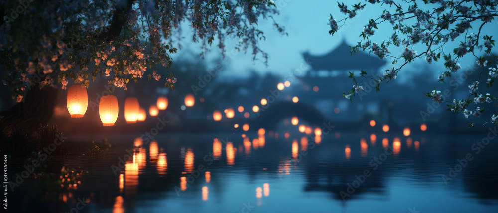 tranquil night scene featuring glowing lanterns reflecting on serene water surface, surrounded by blossoming trees and distant pagoda. atmosphere evokes sense of peace and beauty tranquil night scene featuring glowing lanterns reflecting on serene water surface, surrounded by blossoming trees and distant pagoda. atmosphere evokes sense of peace and beauty