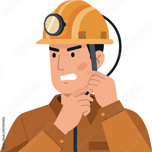 Miner with helmet and headset in flat vector art style showcasing determination and safety in his profession