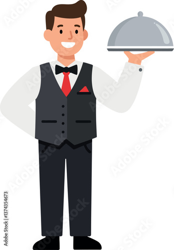 Professional waiter in formal attire presenting a silver cloche in a flat vector illustration