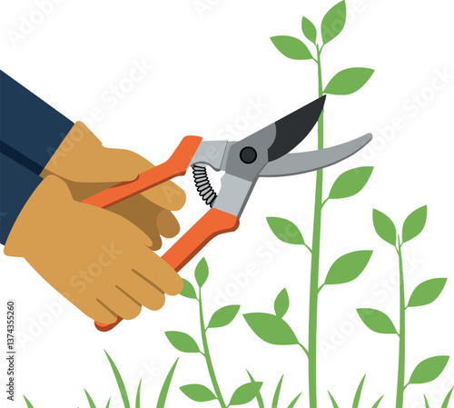 Hand holding pruning shears cutting green plant leaves in flat vector art